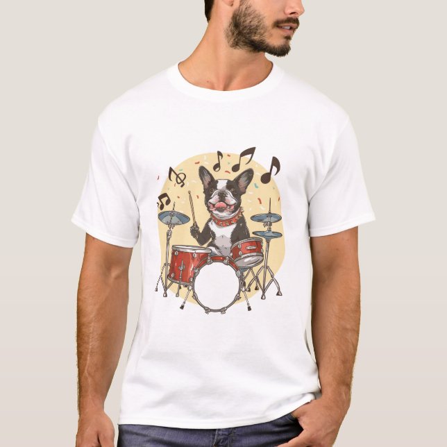 Boston Terrier Dog Playing Drums T-Shirt (Vorderseite)