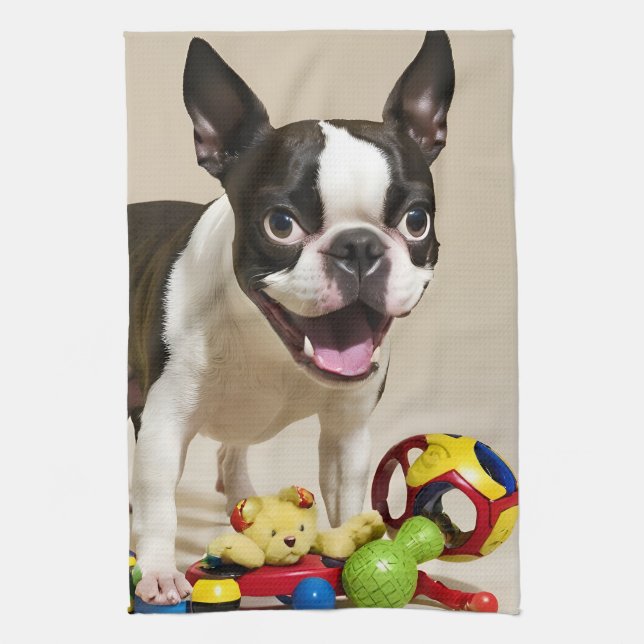 Boston Terrier Dog Playing with Toys Geschirrtuch (Vertikal)