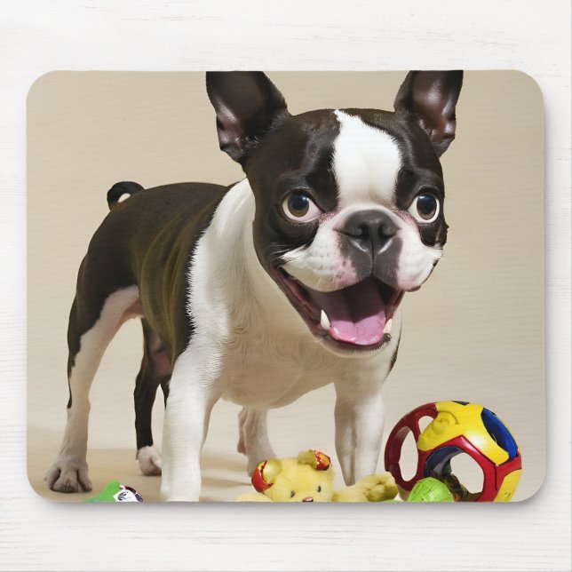Boston Terrier Dog Playing with Toys Mousepad (Vorne)
