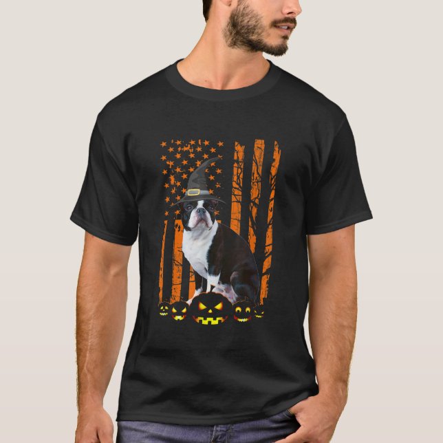 Boston Terrier Dog Pumpkin American Flag Hexal T-Shirt (Vorderseite)