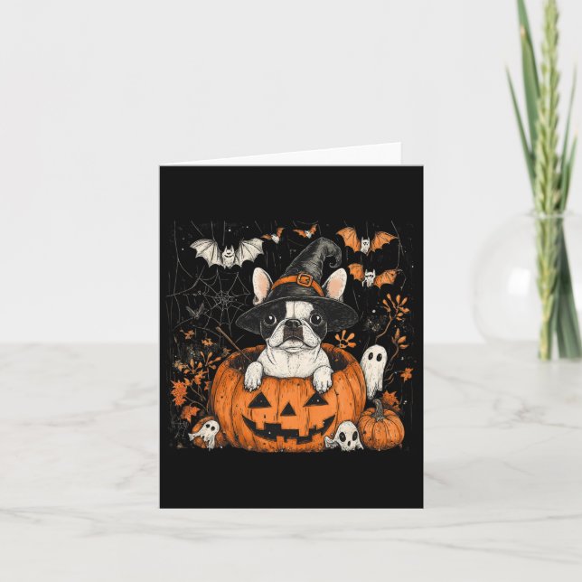 Boston Terrier Dog Pumpkin Halloween Erntedank Karte (Vorderseite)