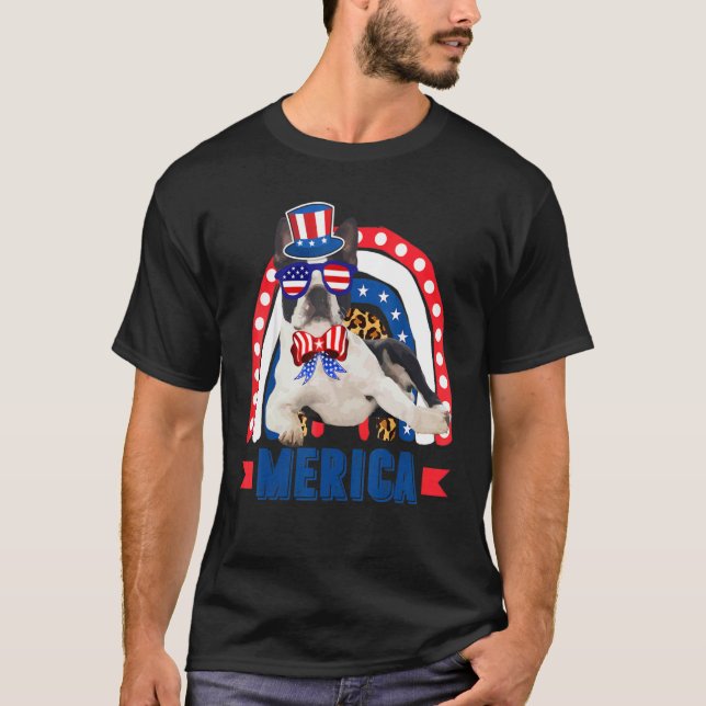 Boston Terrier Dog Rainbow Leopard Merica Flag 4. T-Shirt (Vorderseite)