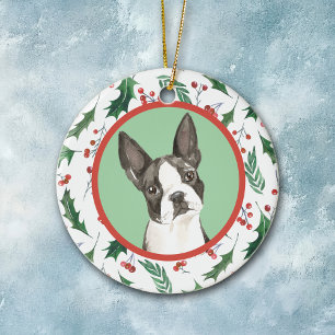 Boston Terrier Dog Red Berry Holly Border Keramik Ornament