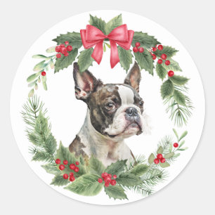 Boston Terrier Dog Red Bow Holly Wreath Runder Aufkleber