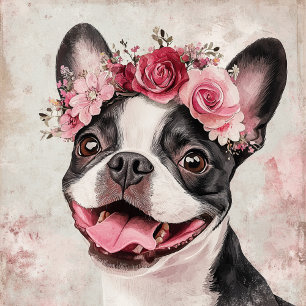 Boston Terrier Dog Red Floral