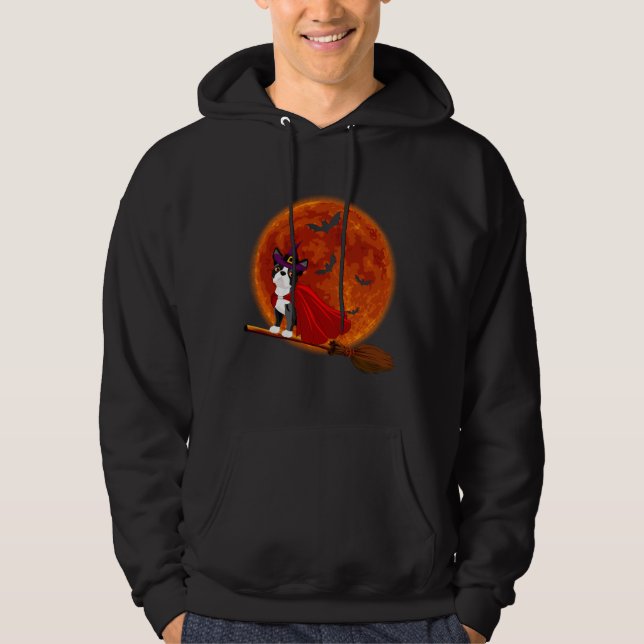 Boston Terrier Dog Riding Broom Blood Moon Hoodie (Vorderseite)