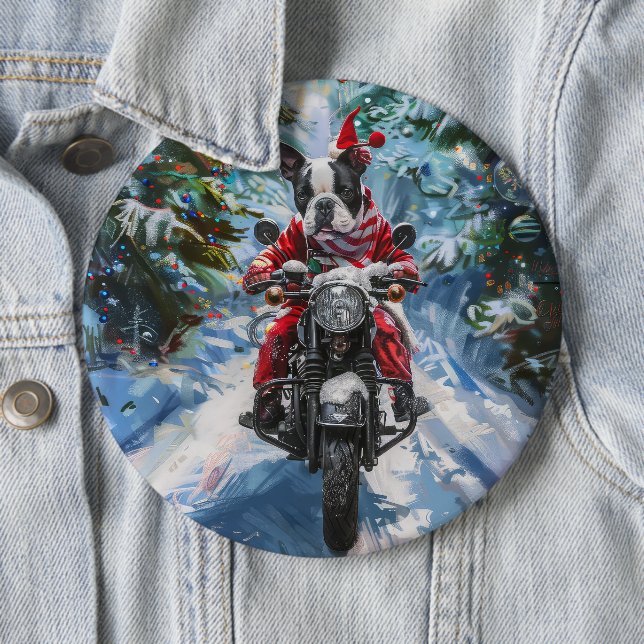 Boston Terrier Dog Riding Motorrad Weihnachten Button (Beispiel)