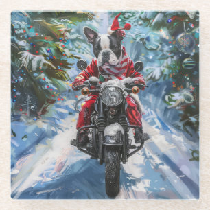 Boston Terrier Dog Riding Motorrad Weihnachten Glasuntersetzer
