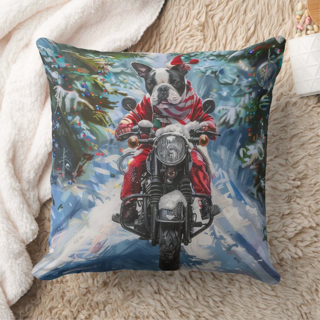 Boston Terrier Dog Riding Motorrad Weihnachten Kissen (Decke)