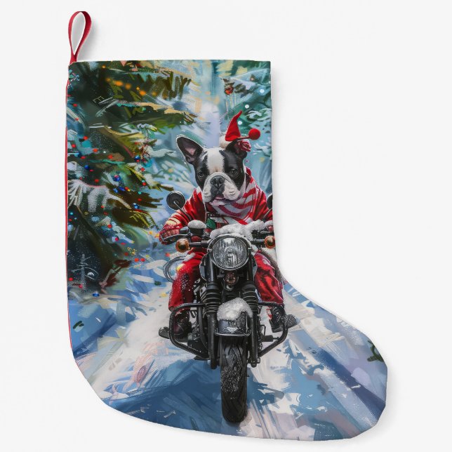 Boston Terrier Dog Riding Motorrad Weihnachten Kleiner Weihnachtsstrumpf (Vorderseite)