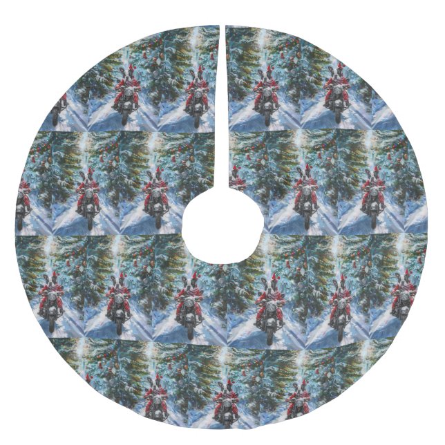 Boston Terrier Dog Riding Motorrad Weihnachten Polyester Weihnachtsbaumdecke (Vorderseite)