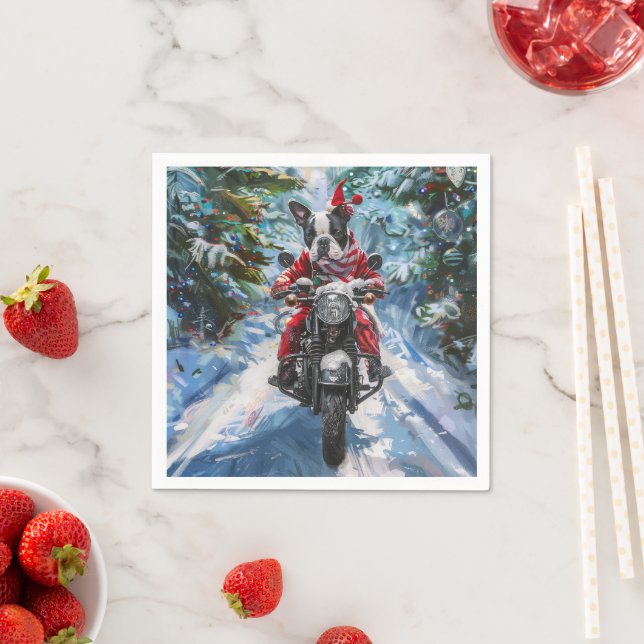 Boston Terrier Dog Riding Motorrad Weihnachten Serviette (Beispiel)