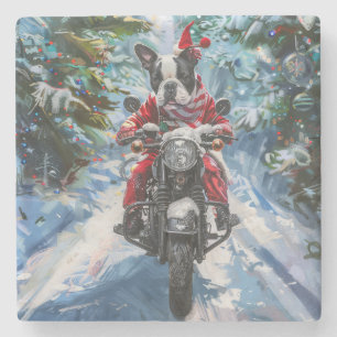 Boston Terrier Dog Riding Motorrad Weihnachten Steinuntersetzer