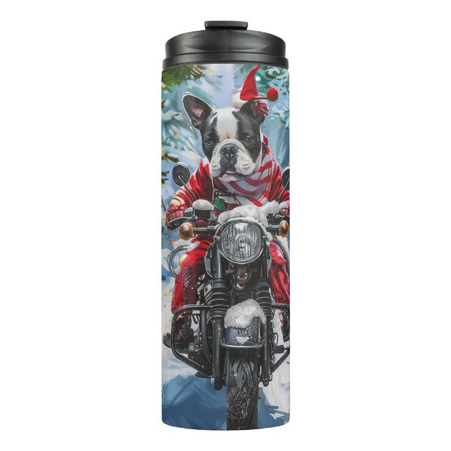 Boston Terrier Dog Riding Motorrad Weihnachten Thermosbecher (Vorderseite)