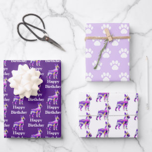 Boston Terrier Dog Silhouette Lila Happy Bday Geschenkpapier Set