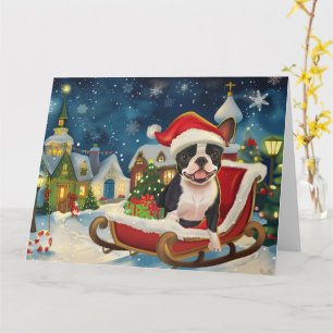 Boston Terrier Dog Sleigh Snow Weihnachten Karte