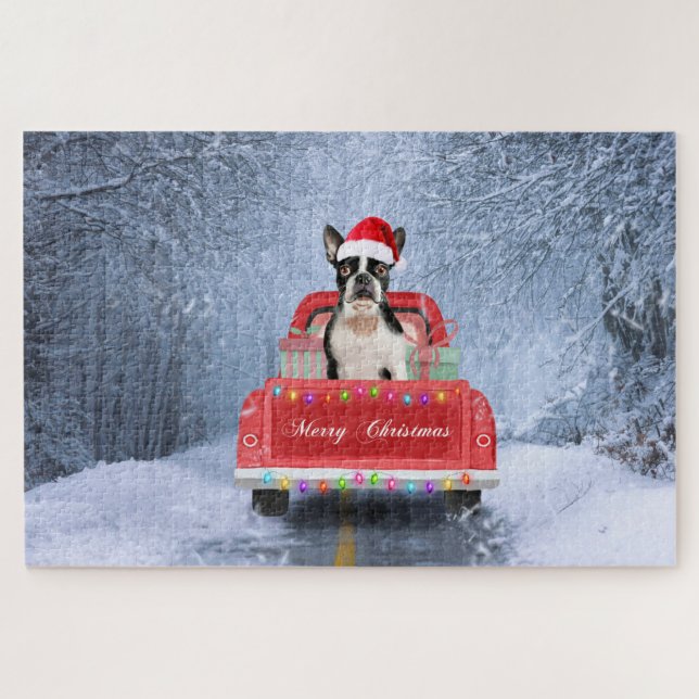 Boston Terrier Dog Snow sitzt im Truck Puzzle (Horizontal)