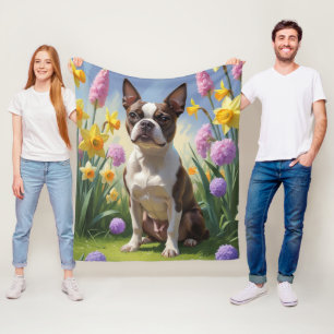Boston Terrier Dog Spring Blumen Malerei Fleecedecke