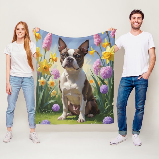 Boston Terrier Dog Spring Blumen Malerei Fleecedecke (Beispiel)