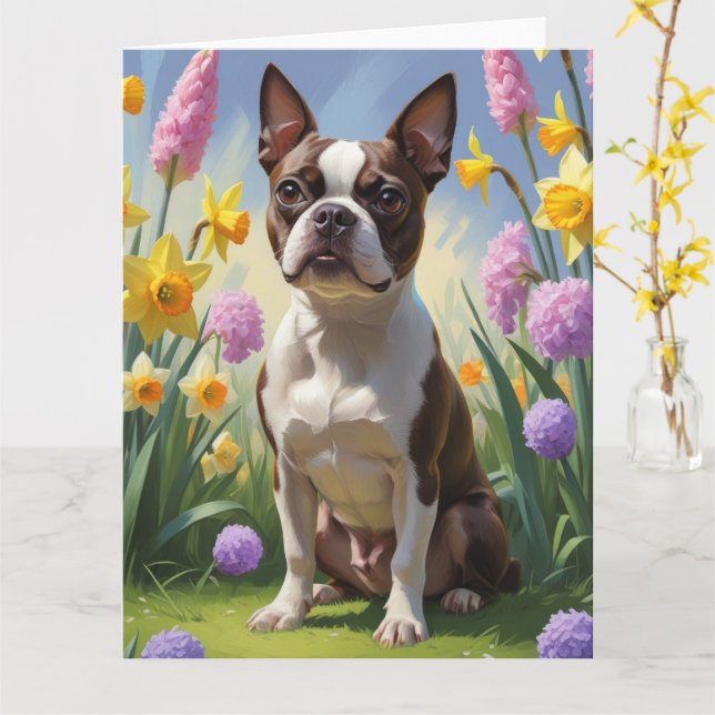 Boston Terrier Dog Spring Blumen Malerei Karte (Gelbe Blume)