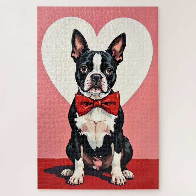 Boston Terrier Dog Valentine's Day Crimson Bow Puzzle (Vertikal)