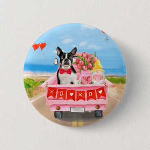 Boston Terrier Dog Valentine's Day Truck Hearts Button
