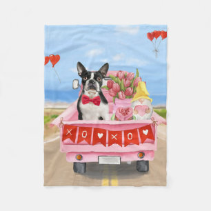 Boston Terrier Dog Valentine's Day Truck Hearts Fleecedecke