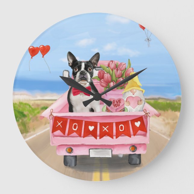 Boston Terrier Dog Valentine's Day Truck Hearts Große Wanduhr (Vorderseite)