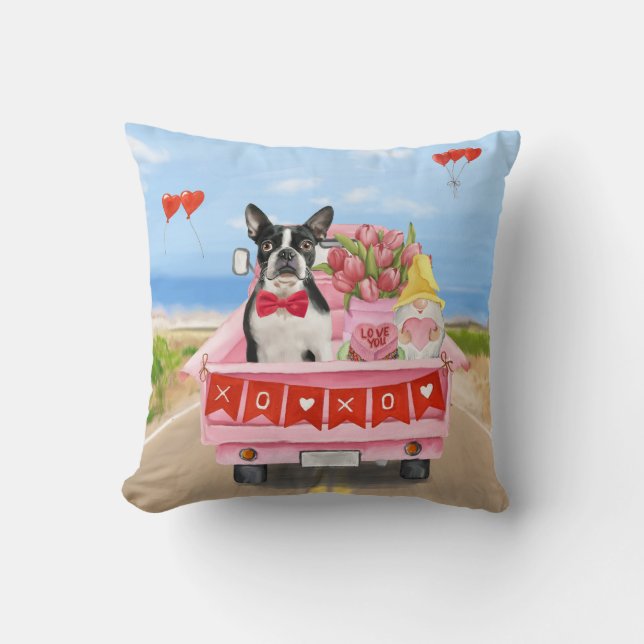 Boston Terrier Dog Valentine's Day Truck Hearts Kissen (Vorderseite)