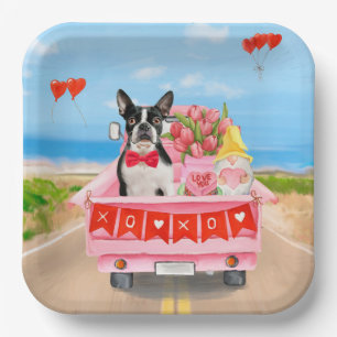 Boston Terrier Dog Valentine's Day Truck Hearts Pappteller