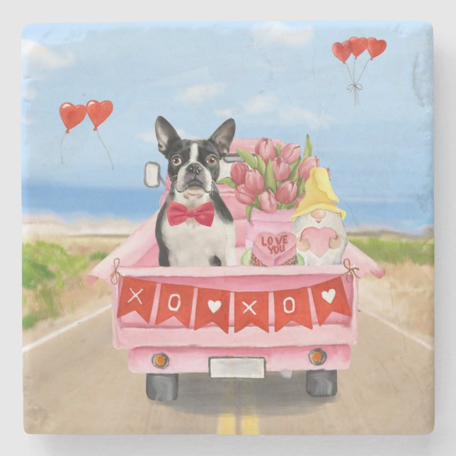 Boston Terrier Dog Valentine's Day Truck Hearts Steinuntersetzer (Vorderseite)