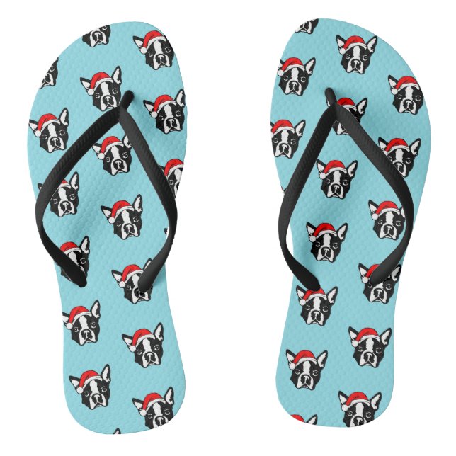 Boston Terrier Dog W Christmas Weihnachtsmannmütze Flip Flops (Fußbett)