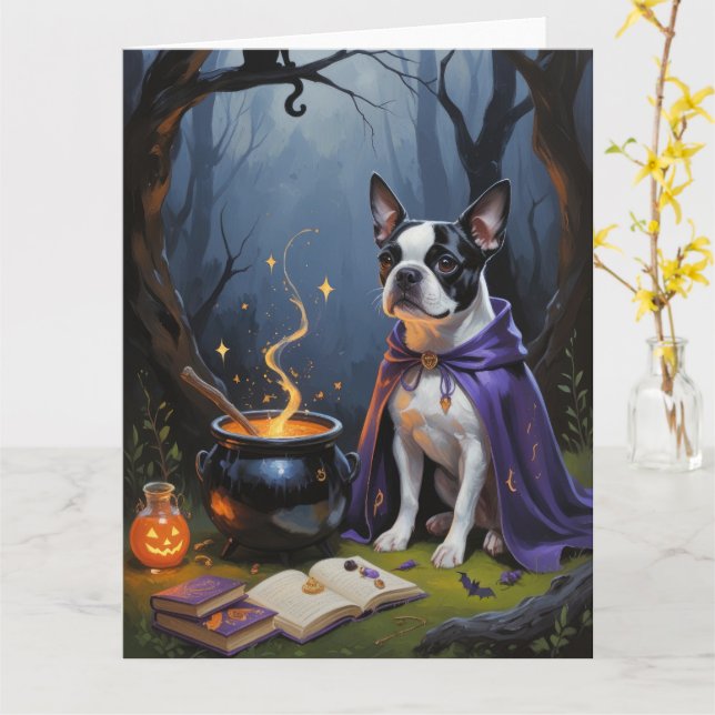 Boston Terrier Dog Whimsical Halloween Malerei Karte (Gelbe Blume)