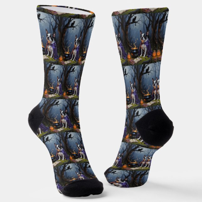 Boston Terrier Dog Whimsical Halloween Malerei Socken (Gewinkelt)