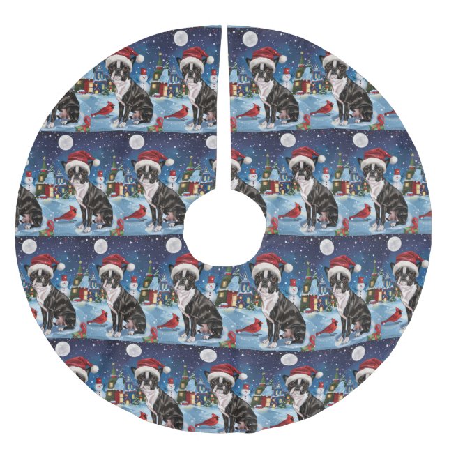 Boston Terrier Dog Winter Wonderland Weihnachtsfre Polyester Weihnachtsbaumdecke (Vorderseite)