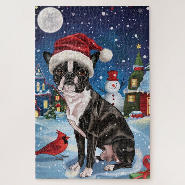 Boston Terrier Dog Winter Wonderland Weihnachtsfre Puzzle (Vertikal)