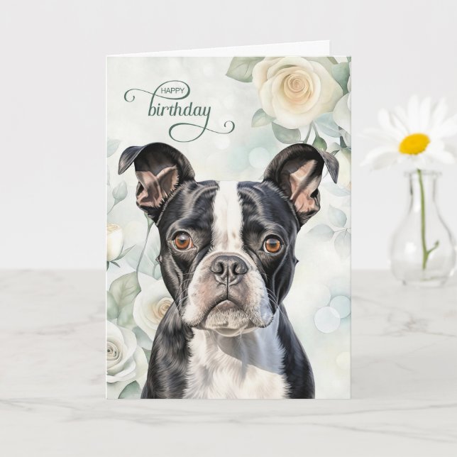 Boston Terrier Dog with White Roses Birthday Karte (Kleine Pflanze)