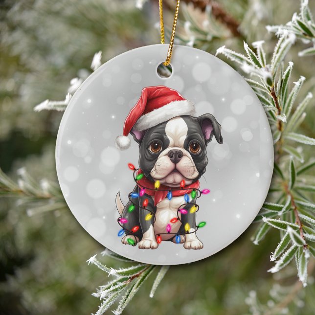 Boston Terrier Dog Wrackte in Weihnachtslicht Keramik Ornament (Von Creator hochgeladen)