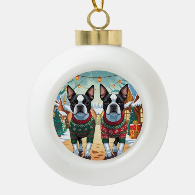 Boston Terrier Dogs Christmas Snow Holiday Keramik Kugel-Ornament (Vorderseite)
