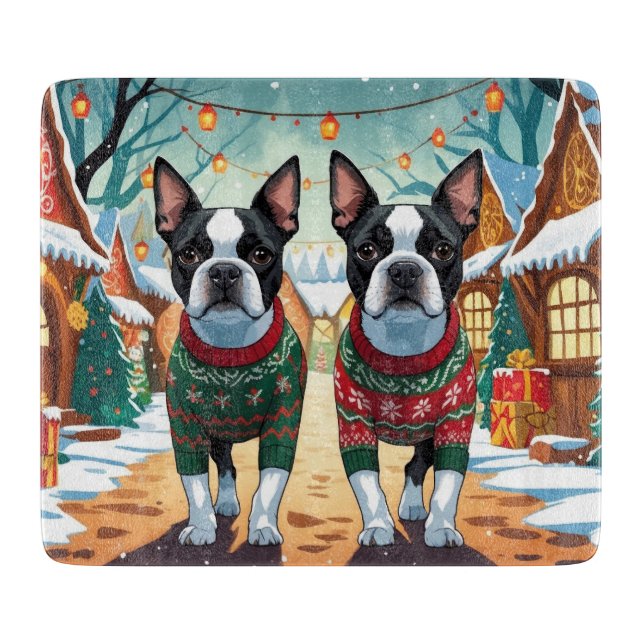 Boston Terrier Dogs Christmas Snow Holiday Schneidebrett (Vorderseite)