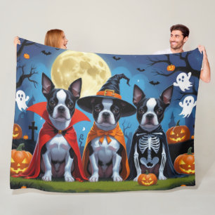 Boston Terrier Dogs Pumpkin Halloween Funny Fleecedecke