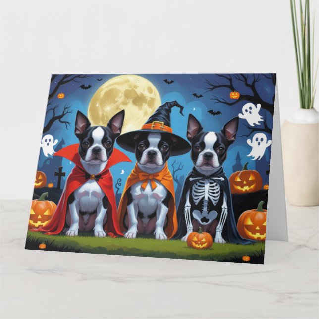 Boston Terrier Dogs Pumpkin Halloween Funny Karte (Vorderseite)