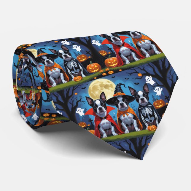 Boston Terrier Dogs Pumpkin Halloween Funny Krawatte (Gerollt)
