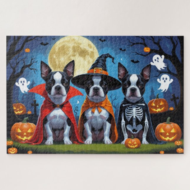 Boston Terrier Dogs Pumpkin Halloween Funny Puzzle (Horizontal)