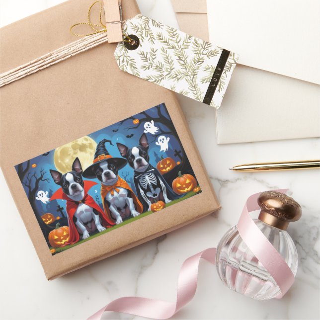 Boston Terrier Dogs Pumpkin Halloween Funny Rechteckiger Aufkleber (Schenken)