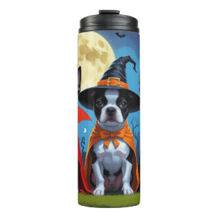 Boston Terrier Dogs Pumpkin Halloween Funny Thermosbecher