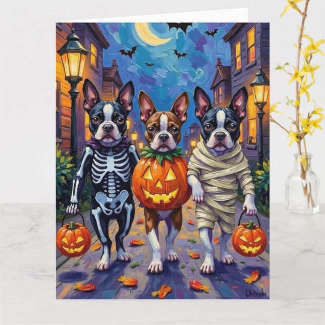Boston Terrier Dogs Trick-or-Treating zu Halloween Karte (Gelbe Blume)