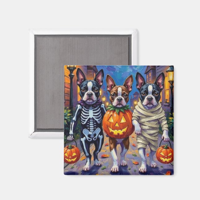 Boston Terrier Dogs Trick-or-Treating zu Halloween Magnet (Vorderseite/Rückseite)