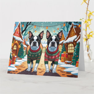 Boston Terrier Dogs Weihnachtsschneeurlaub Karte