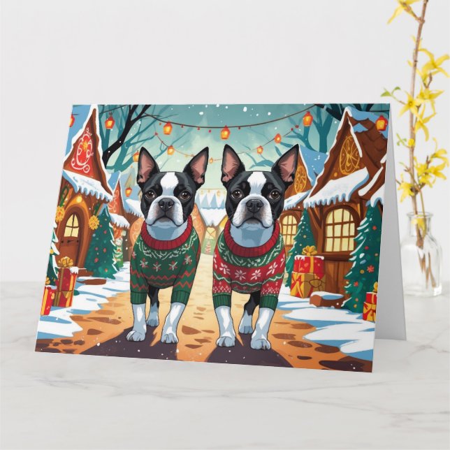 Boston Terrier Dogs Weihnachtsschneeurlaub Karte (Gelbe Blume)